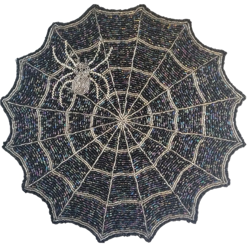 set of 4 Tahari Halloween Spiders Spiderwebs Burlap Beaded Charger Placemat New